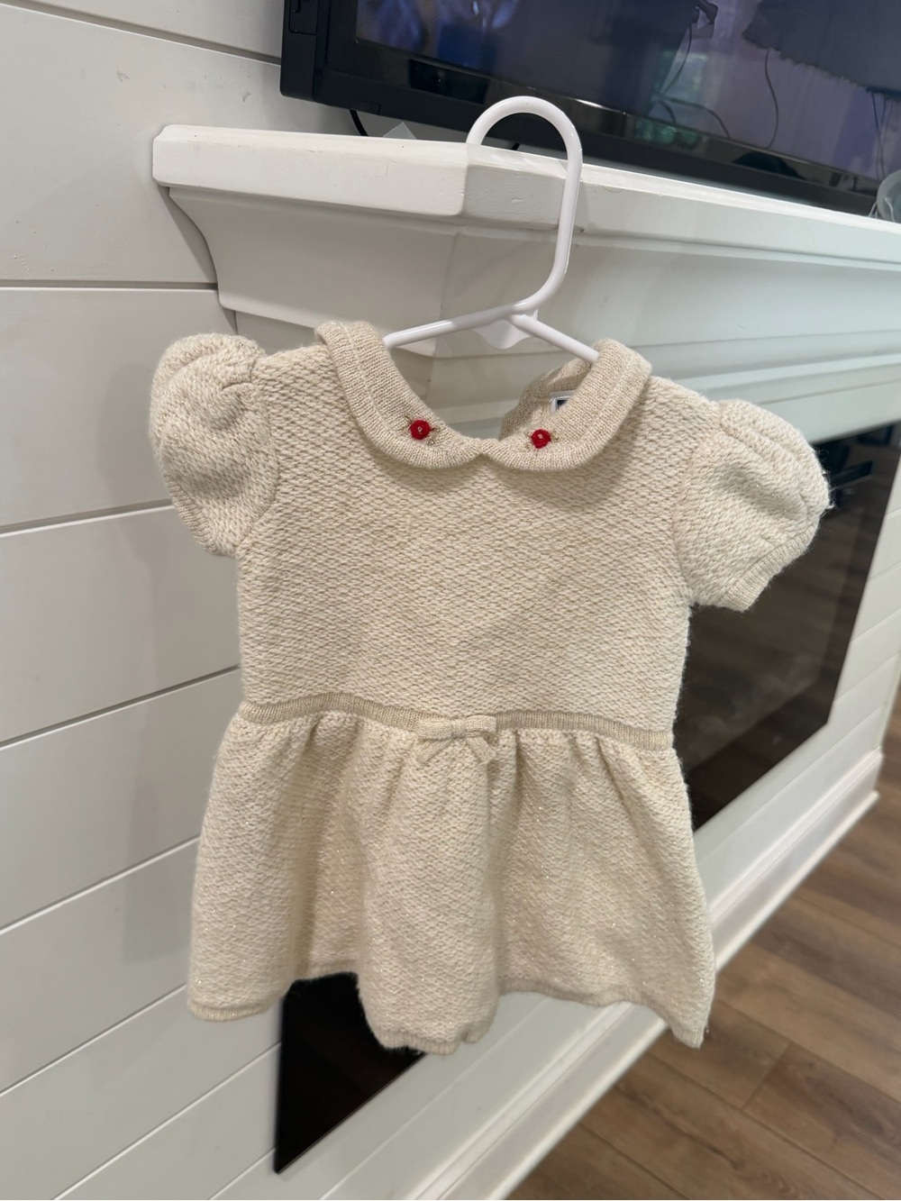 Cream Textured Knit Kids Dress with Peter Pan Collar